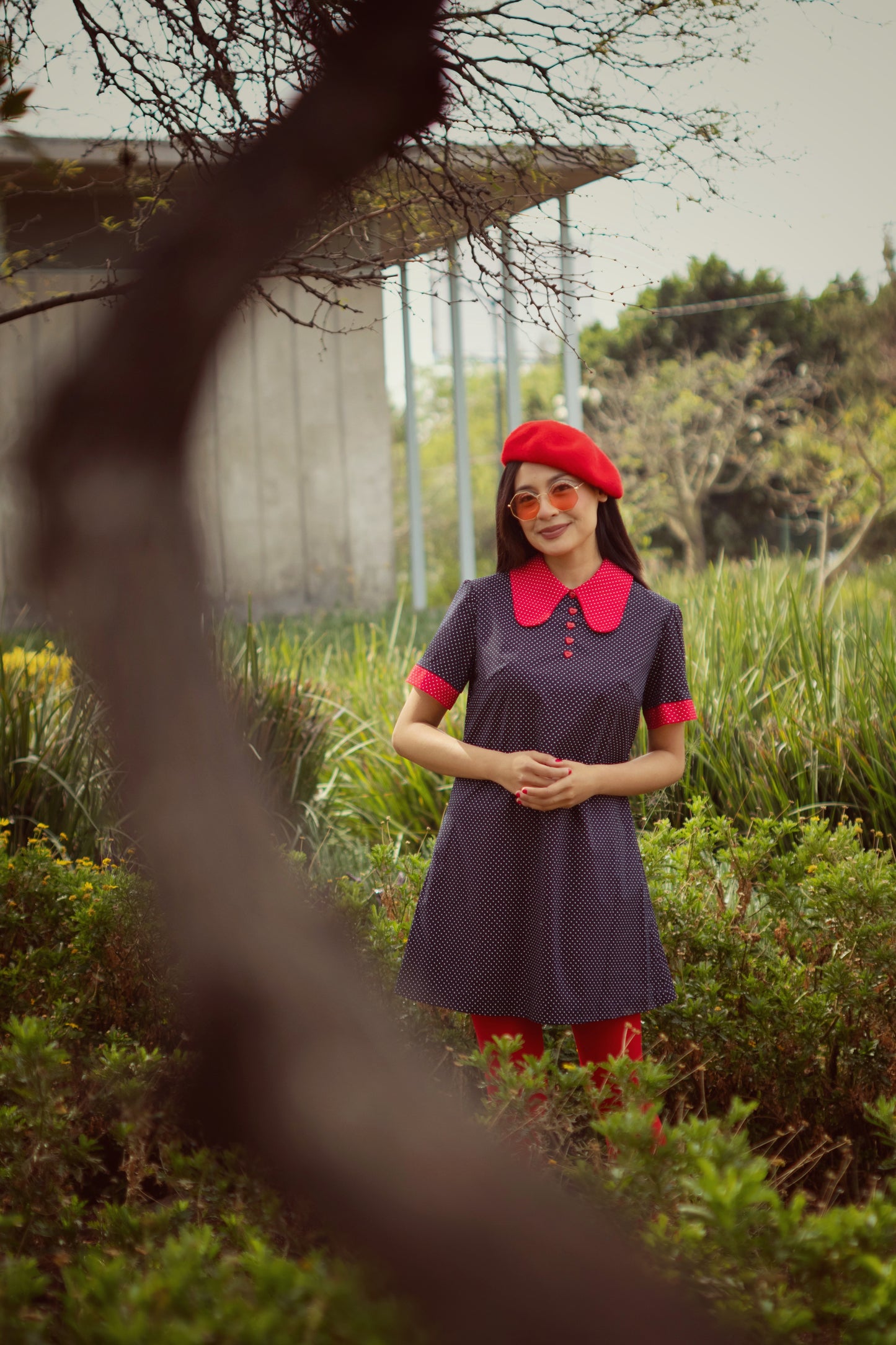 Collared Mini Dress in Blue and Red Dots