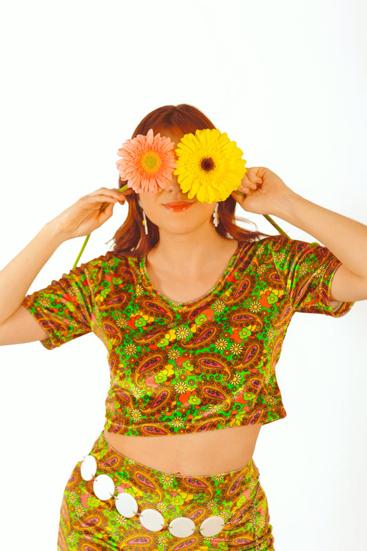 Green Paisley Velvet Crop Top
