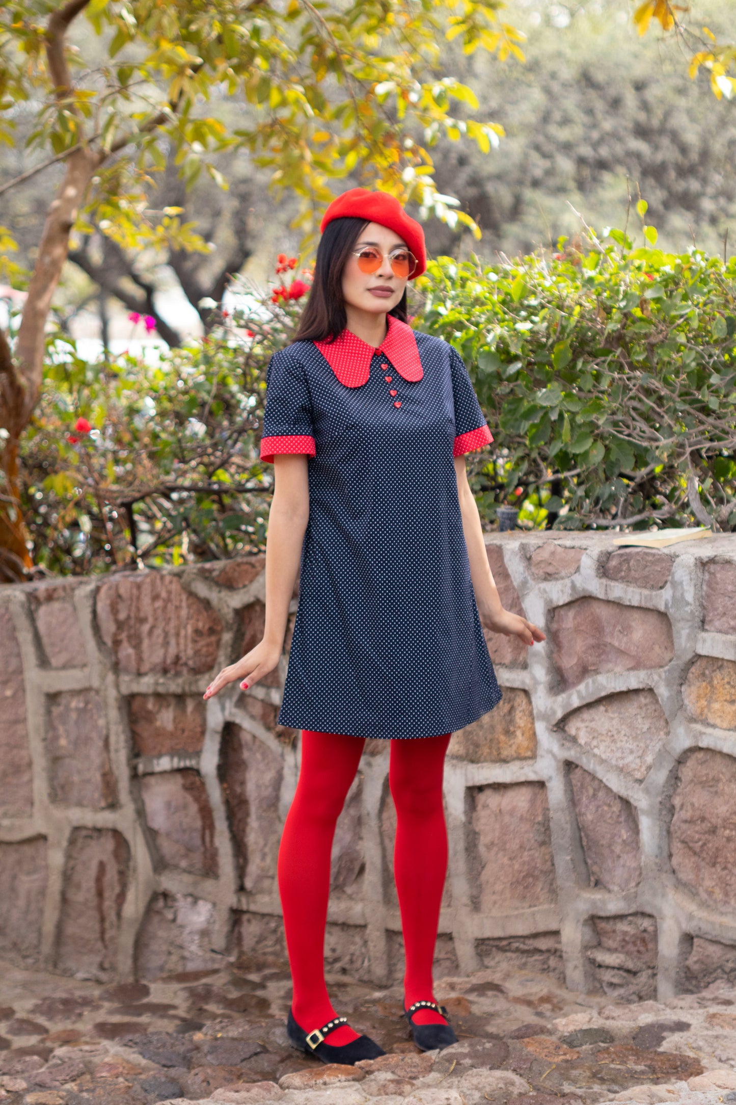 Collared Mini Dress in Blue and Red Dots