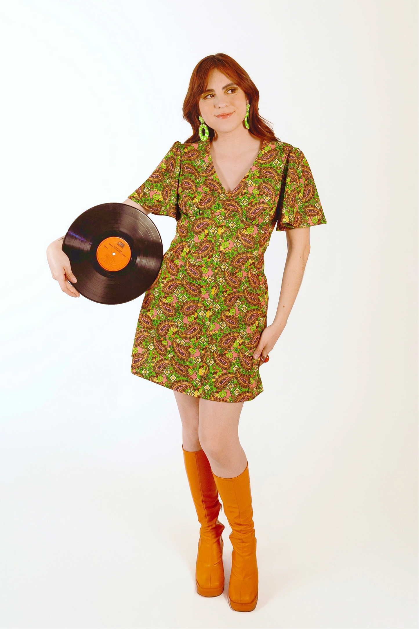 Green Paisley Butterfly Sleeve Minidress