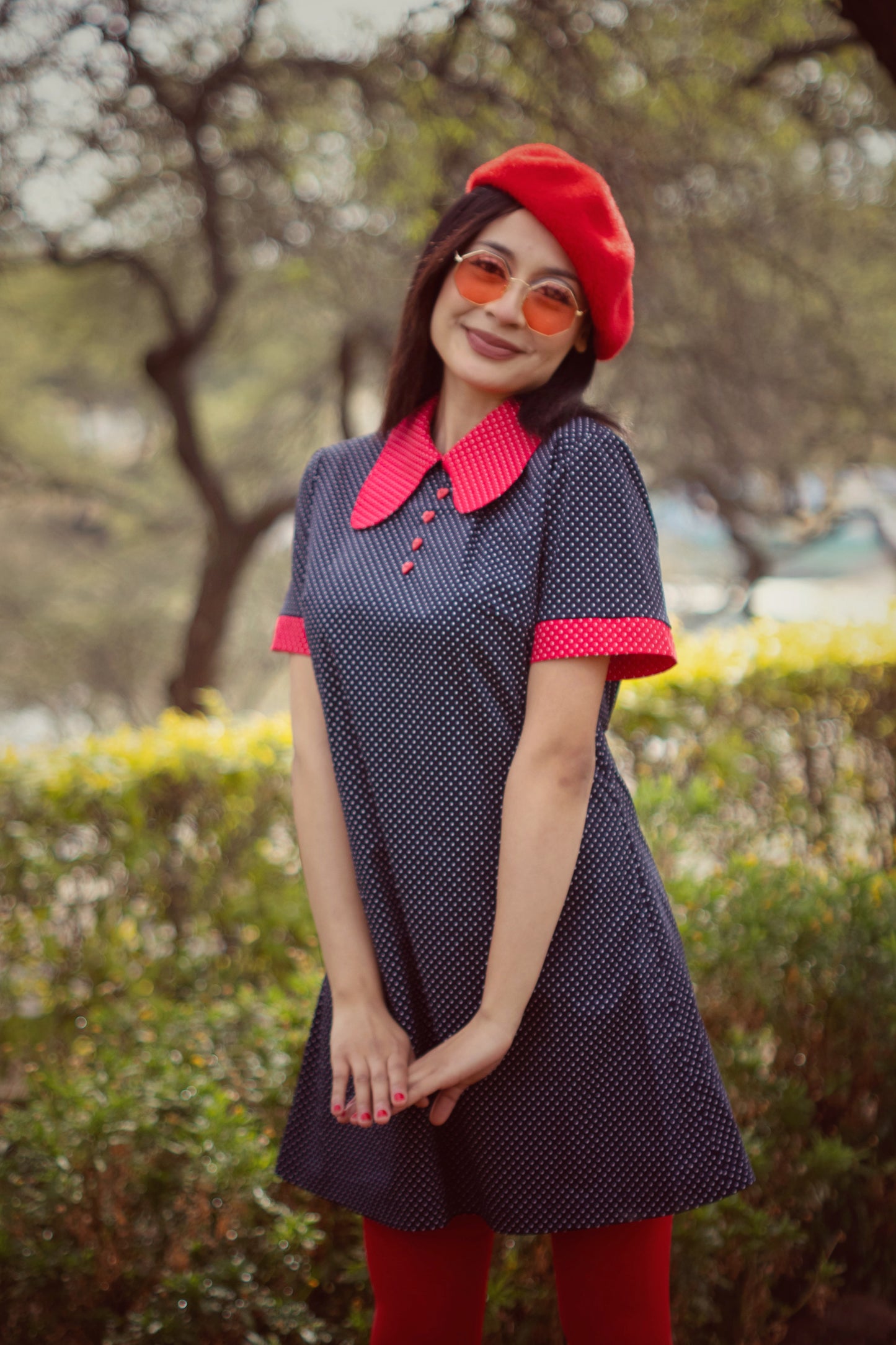 Collared Mini Dress in Blue and Red Dots