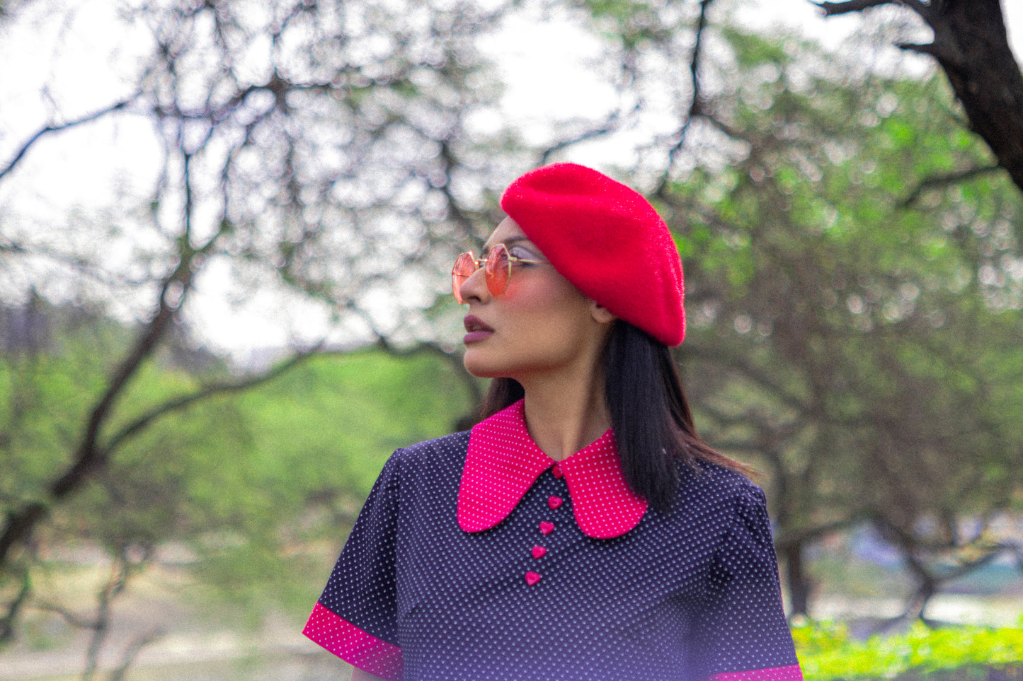 Collared Mini Dress in Blue and Red Dots