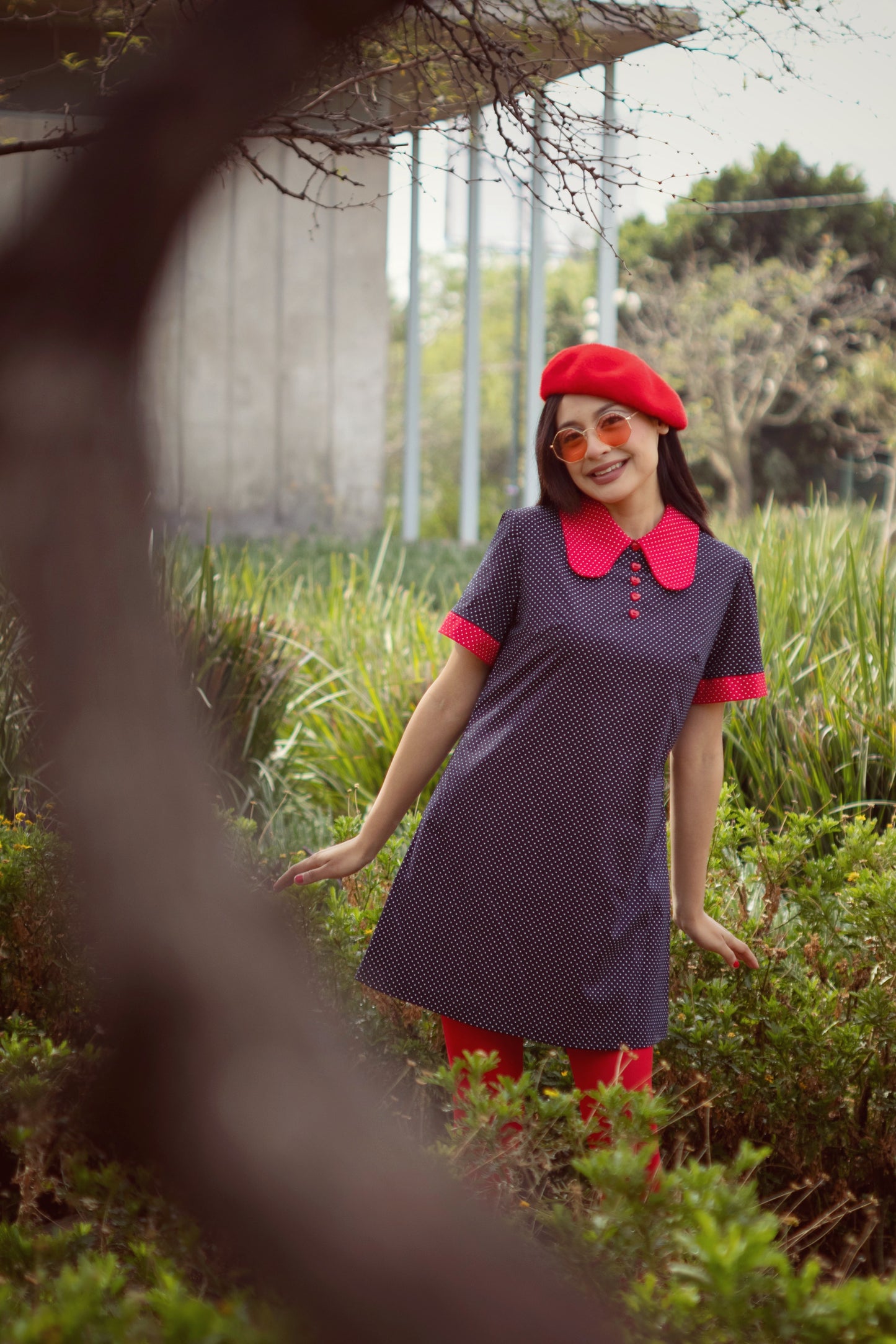 Collared Mini Dress in Blue and Red Dots