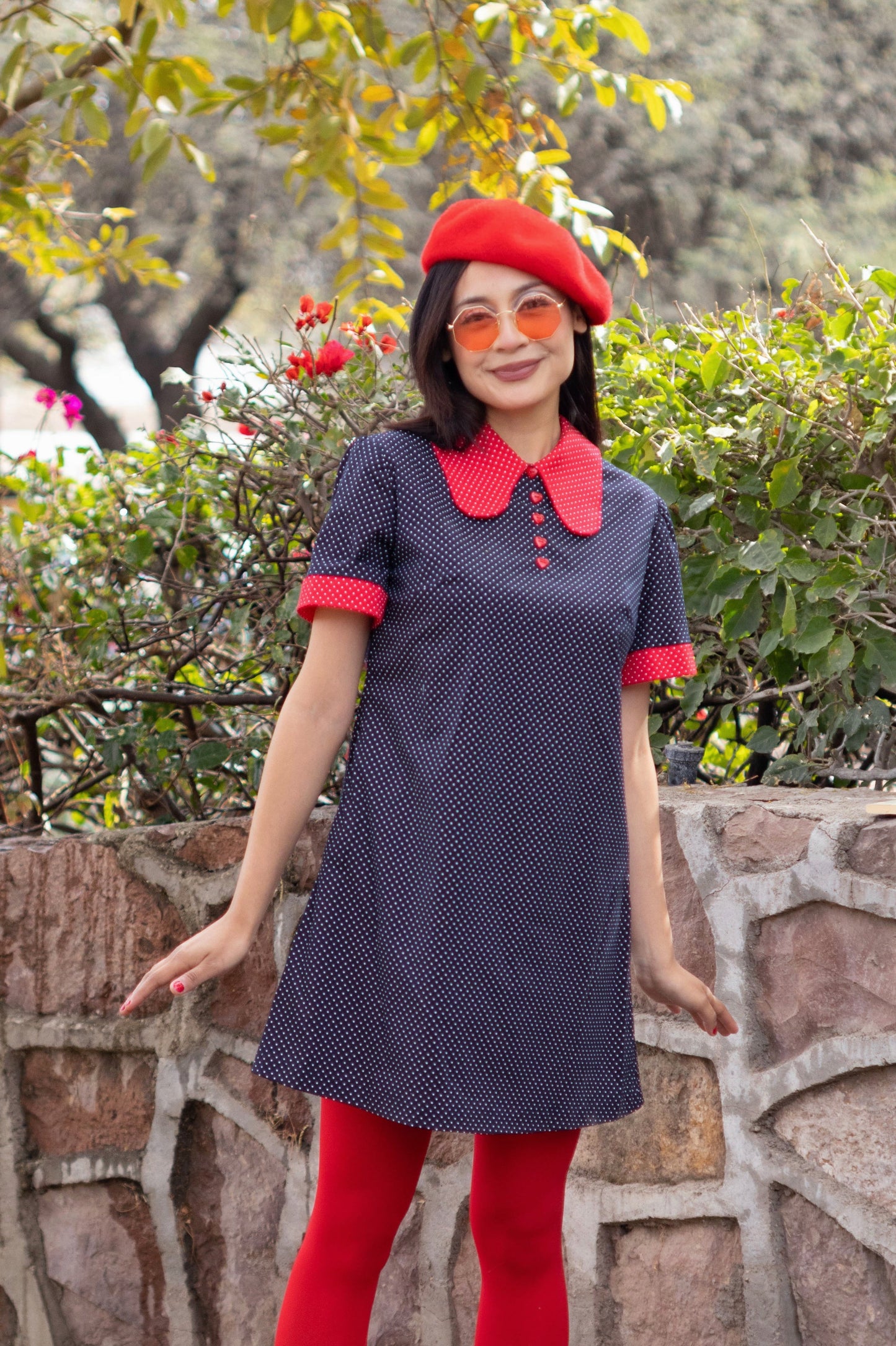 Collared Mini Dress in Blue and Red Dots