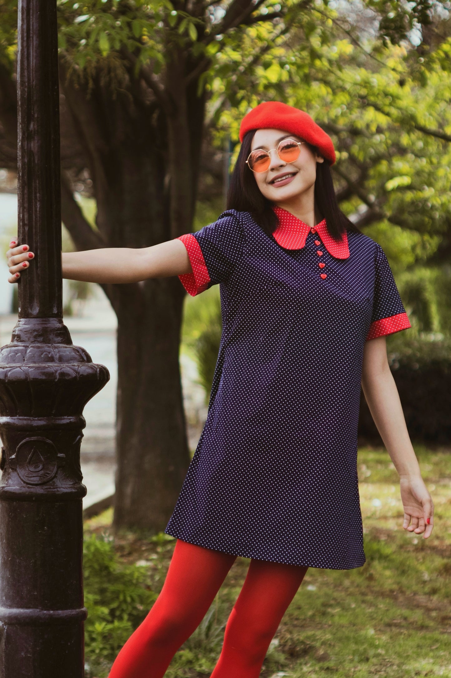 Collared Mini Dress in Blue and Red Dots